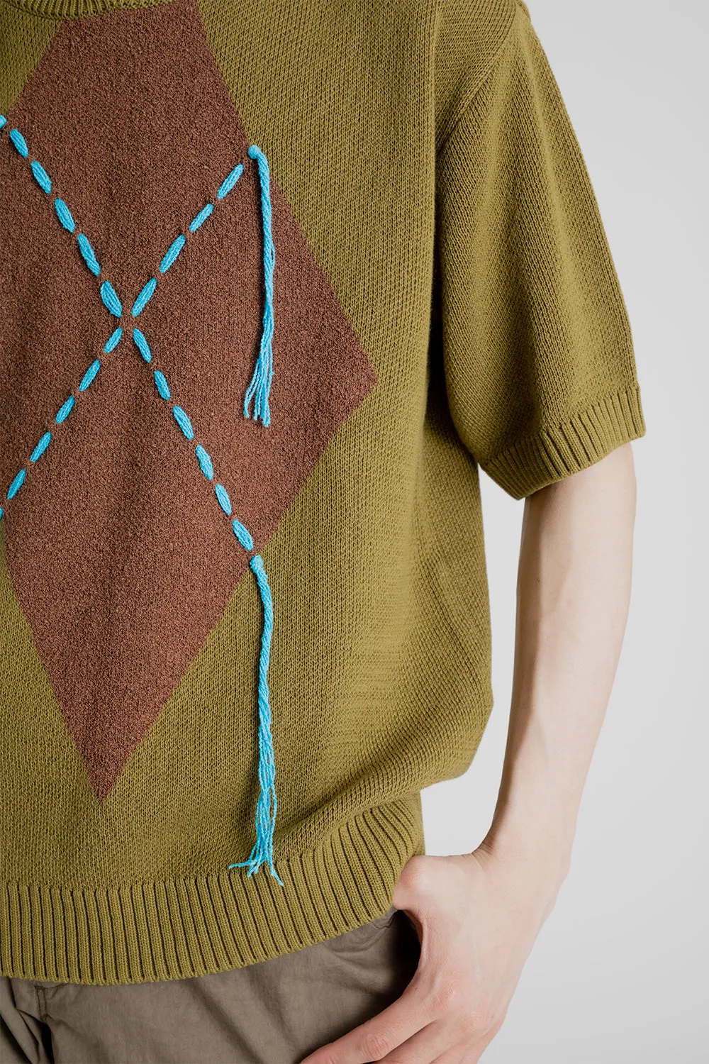 London Argyle Jacquared Short Sleeve Polo Knit - Khaki
