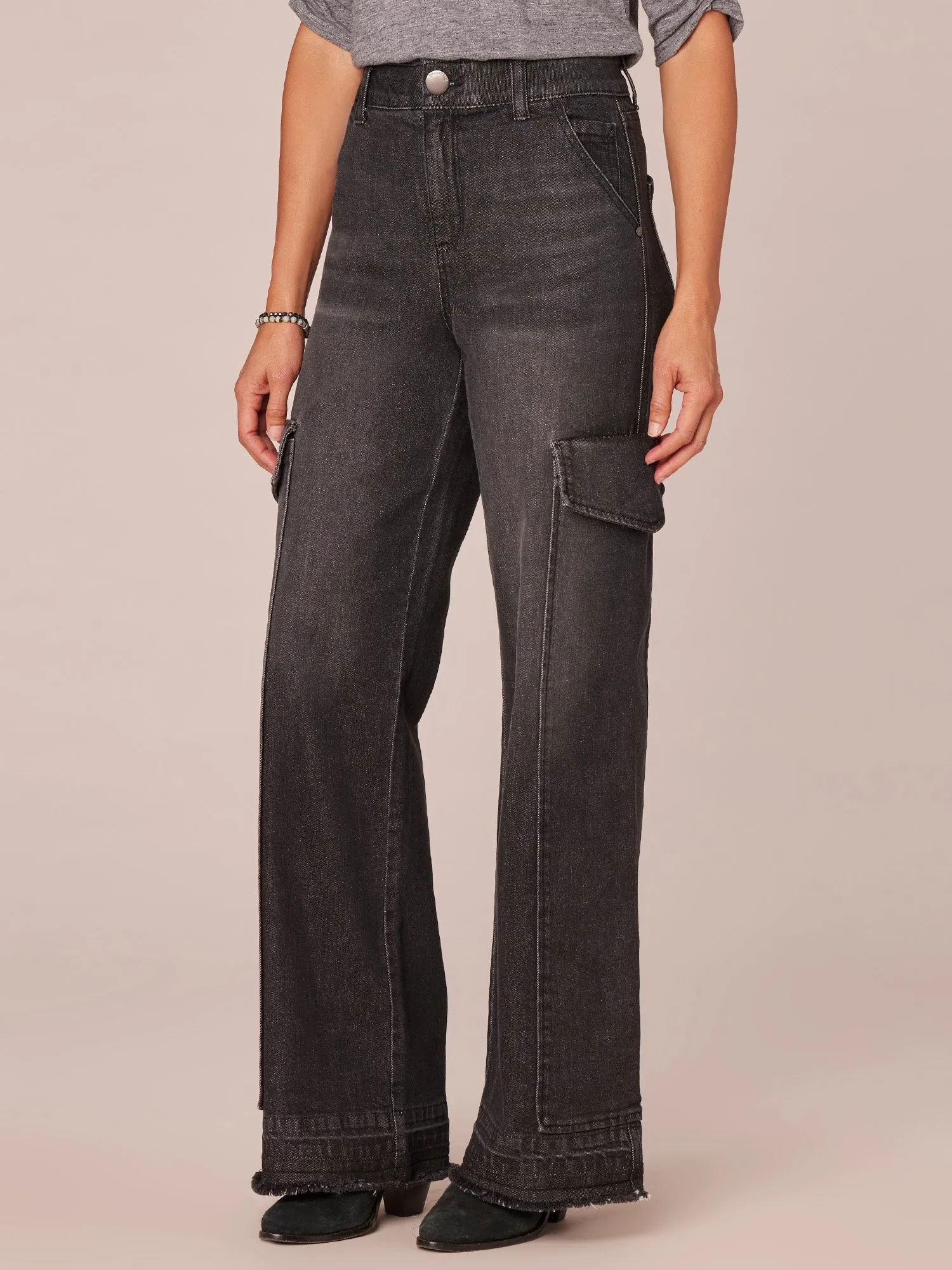 "Ab"solution Black Denim Skyrise Released Fray Hem Cargo Wide Leg Jeans