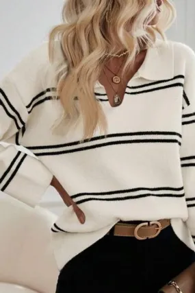 V-neck Striped Pullover Polo Shirt Sweater