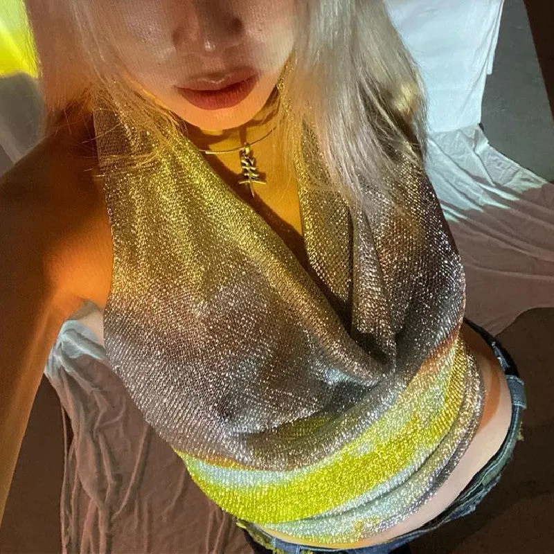 Voguable frat outfits Fashionable Autumn New Sexy Nightclub Bright Silk Reflective Swing Collar Backless Strap Halter Camisole for Women