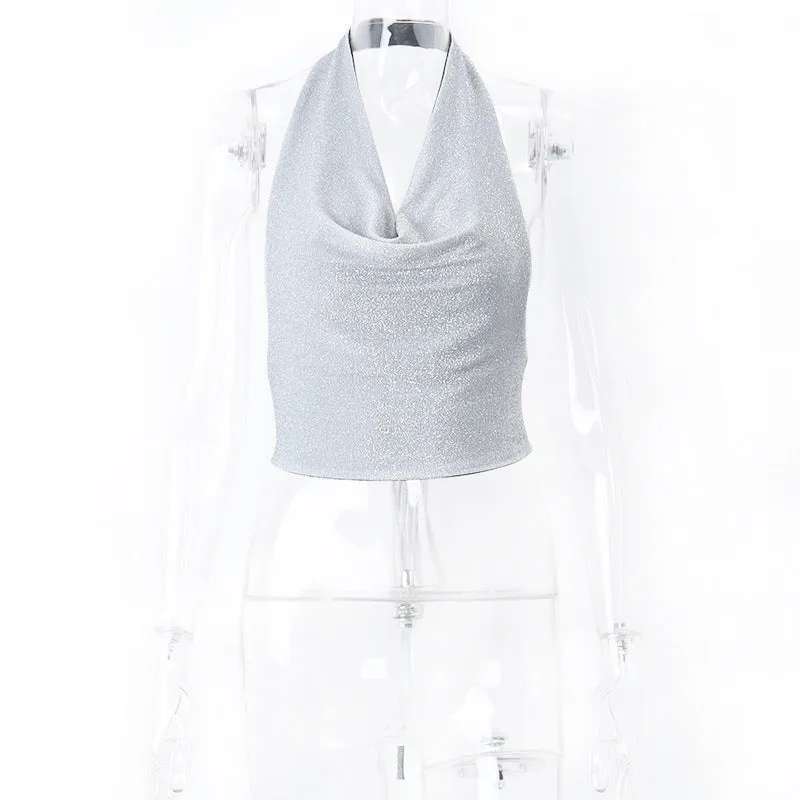 Voguable frat outfits Fashionable Autumn New Sexy Nightclub Bright Silk Reflective Swing Collar Backless Strap Halter Camisole for Women