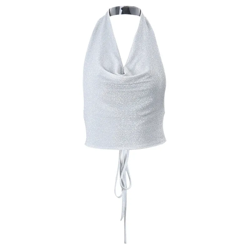 Voguable frat outfits Fashionable Autumn New Sexy Nightclub Bright Silk Reflective Swing Collar Backless Strap Halter Camisole for Women