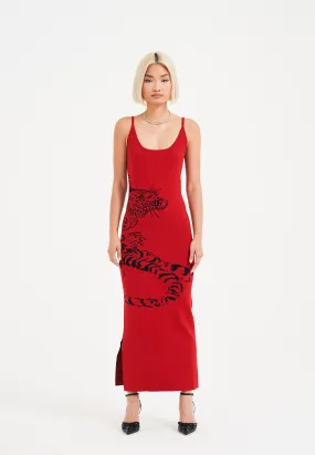 Womens Snow Tiger Knitted Maxi Dress - Red